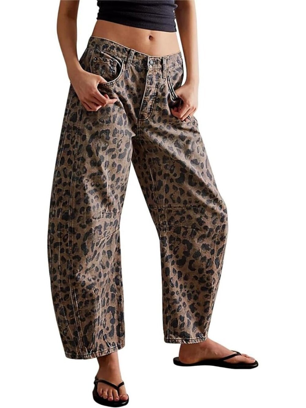 Women's Leopard Stretchy Mid Rise Barrel Jeans Vintage Loose Wide Leg Jeans